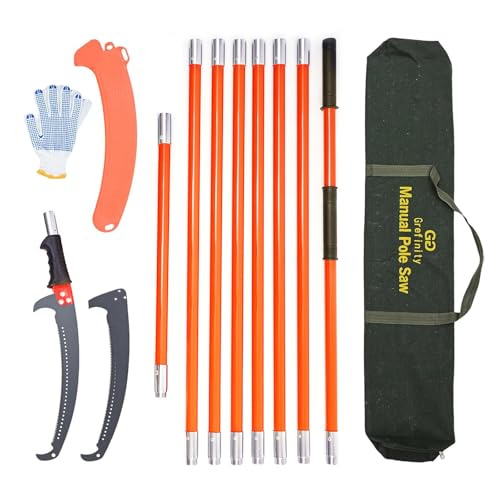 Grefinity Pole Saws for Tree Trimming, 27 FT Manual tree purner with 8 Fiberglass Handles, Sharp steel Blade, Easy to Carry and Lightweight Extendable Design for Tree Maintenance, Orange