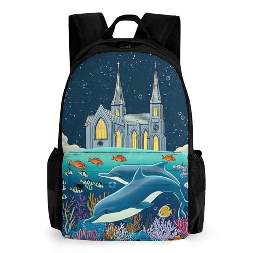 Supdreamc Men Women Lightweight Fantasy Dolphins Tropical Fish Underwater World Art Backpack Large Capacity Carry On Bag With Padded Straps for Sports Work Walking Cycling