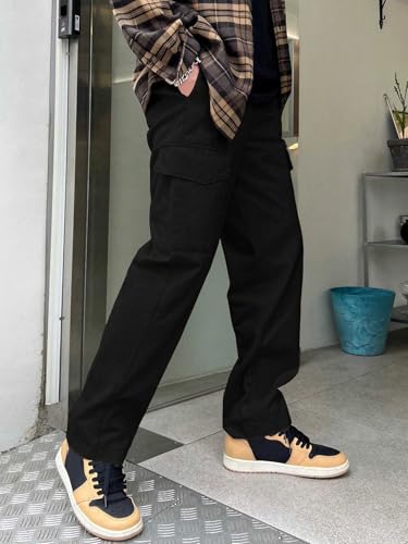 Image of GRECIILOOKS Men Loose Low-Rise Baggy Cargo Pants - Cotton Trousers with Adjustable Drawstring Waist - Casual Streetwear Utility Cargos