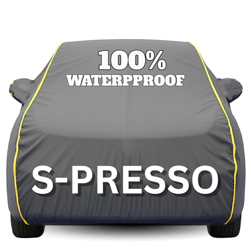 Image of Waterproof Car Body Cover - 100% Water Proof Custom Fit New Car Covers, Outdoor Full Protecting Cover for S-Presso (All Models) with Free Storage Bag - UV, Rain & Dust, All Weather Protection