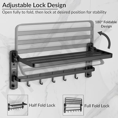 Image of Plantex Self Adhesive 180 Folding Aluminium Towel Holder /24 Inch Towel Hanger for Bathroom /Adjustable Lock Design Towel Holder Bathroom Accessories - Pack of 1 (Black, 6801)