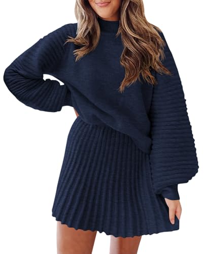 Zwurew Women's 2 Piece Outfits 2025 Long Sleeve Mock Neck Ribbed Sweaters And Mini Skirt Two Piece Sets