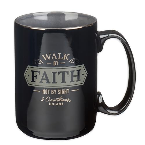 Christian Art Gifts Large Ceramic Bible Verse Coffee & Tea Mug for Men: Walk by Faith - 2 Corinthians 5:7 Inspirational Scripture, Non-toxic & Lead-free Novelty Drinkware, Black/Gray w/Silver, 14 oz.