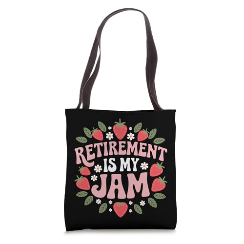 Bolsa tote divertida para mujeres jubiladas con frase 'Retirement Is My Jam' y fresa miniatura 1