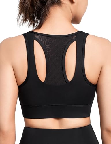 イベット スポーツブラ 揺れない レディース レーサーバック 吸汗速乾 レースメッシュ 一体型カップ ノンワイヤー ブラジャー ランニング ジム トレーニング スポブラ M Plus ブラック