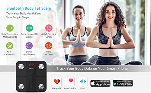 Bluetooth Body Fat Scale, HOMEVER Smart BMI Scale Digital Bathroom Wireless Weight Scale, Body Composition Analyzer with Smartphone App with Bluetooth, 400 lbs - Black