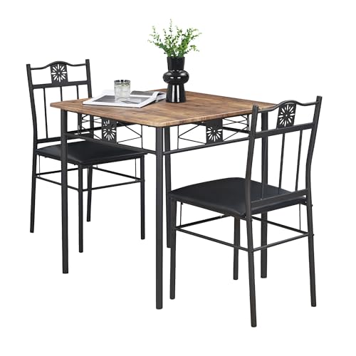 VECELO 3-Piece Small Kitchen Dining Table Set for 2, PU Padded Chairs, Retro Brown
