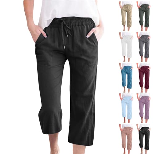 Capri Pants for Women Casual Summer Cotton Linen Capris Drawstring Elastic High Waist Pants Wide Leg Cropped Trouser 2025 New
