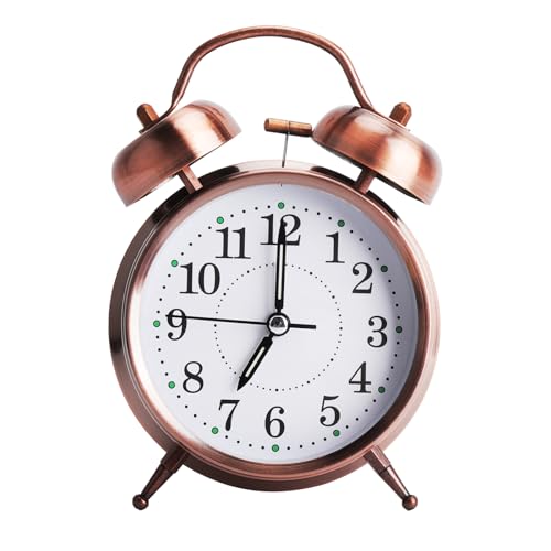 Extra Lauter Retro Wecker 4 Zoll Braun Metall Doppelglockenwecker mit Hintergrundbeleuchtung & Nachtlicht, Wecker ohne Ticken für Tiefschläfer &...