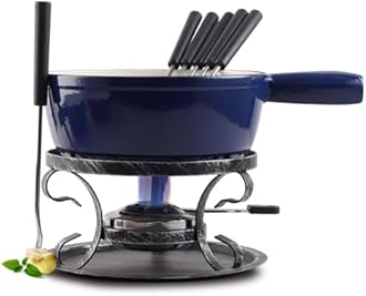 Artestia Cast Iron Fondue Pot Set for Cheese & Chocolate, Fondue Set for 6 with Burner & 6 Forks, Swiss Fondue Pot for Party, Family & Gift, Blue