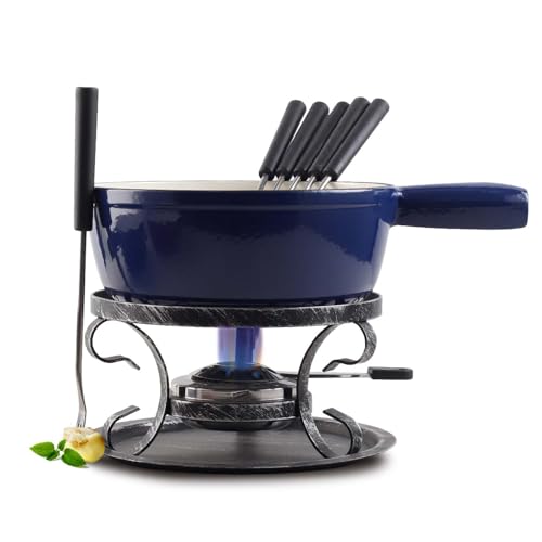 Artestia Swiss Traditional Cast Iron Cheese Fondue Pot Set, Cast Iron Fondue Set for Cheese, Meat & Chocolate (Blue)