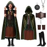 Charmofun Disfraz Robin Hood Niña 3–12 Años, Vestido Medieval Infantil Niño con Capa, Brújula, Collar, Cinturón y Calcetines, Disfraz de Carnaval y Fiesta de Disfraces (Niña, 140)