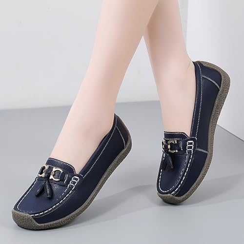 Image of Women's Faux Leather Flat Loafers Classic Casual Comfort Slip-On Shoes Soft Sole Dress Shoes(Navy,Size 9)