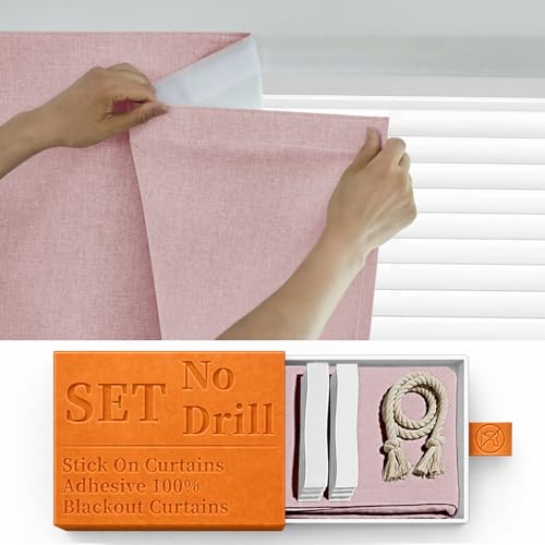 Image of 100% Blackout Self Adhesive Curtains- Stick on Curtains Shades Window Blinds Curtain No Rod Needed Easy to Hang Curtain, Use for Bedroom, Living Room, W46 x L60 inch, 1 Panel, Light Pink