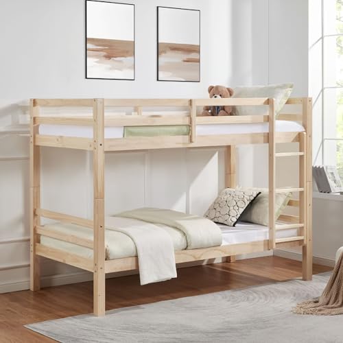 Twin Over Twin Bunk Bed with Thick Posts,Wooden Bunk Bed with High Guardrail and Ladder for Kids, Teens, Dorm Rooms, and Guest Rooms,No Box Spring Needed,Grey (Wood, Twin Over Twin)