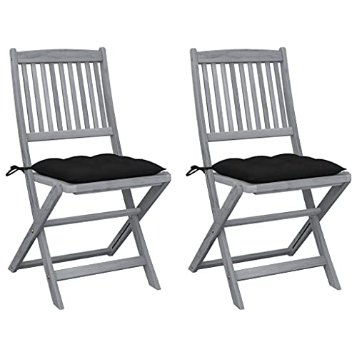 HETFTJN Juego de 2 sillas de jardín plegables de madera de acacia con cojines negros de 48,5 x 57 x 91 cm, resistentes a la intemperie, diseño moderno para balcón, terraza, camping