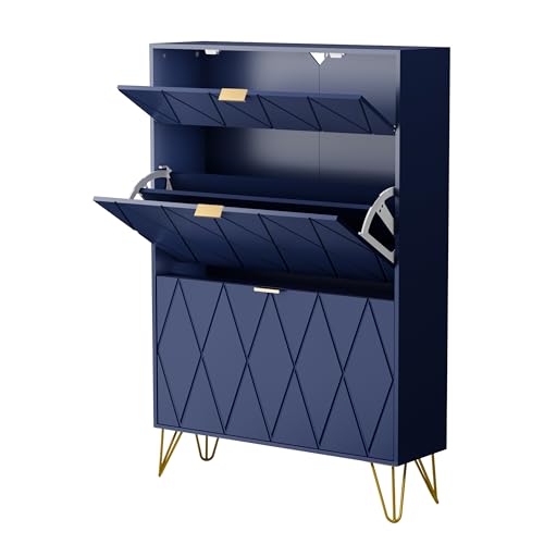 UEV Scarpiera Salvaspazio Slim in Legno Ingegnerizzato, Scarpiera Ingresso da Portascarpe con 3 Ante a Ribalta, Porta Scarpe per 16 Paia, 80 x 24 x 120 cm, Blu
