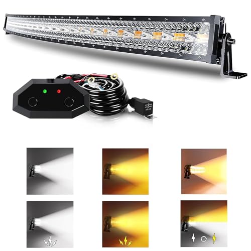 ASLONG 52 Inch 300W Curved LED Light Bar White/Amber Flasing Strobe with Six Modes Spot Flood Combo Offroad Driving Light 1pcs Wiring Harness Switch for Pickup Offroad Truck 4WD SUV ATV UTV