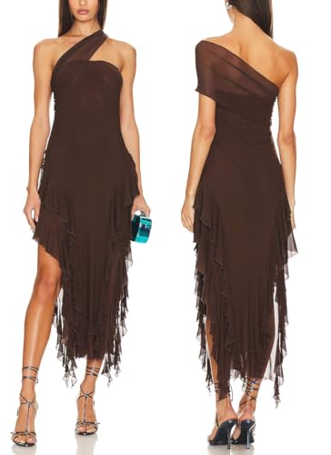 ALENDA DANMOS Womens Sexy Strapless One Shoulder Maxi Dress Irregular Split Mesh Ruffles Tassel Hem Cocktail Party Dress 369