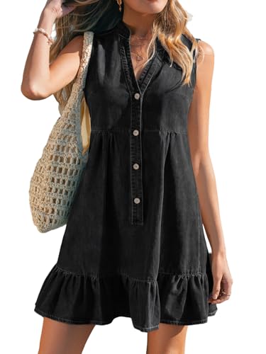 Image of CUPSHE Women Summer Dress Notched V Neck Front Button Denim Dress Sleeveless Ruffle Hem Beach Vacation Mini Sun Dress