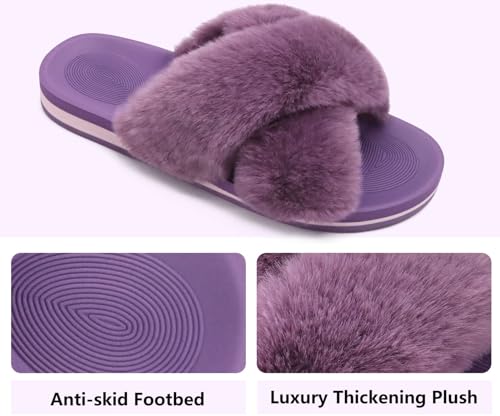 Image of COFACE Womens Fuzzy Slides Fluff Faux Fur Cross Slippers Open Toe Yoga Mat House Slipper Sandals With Arch Support For Indoor /Outdoor