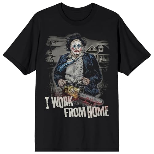 Texas Chainsaw Massacre Leatherface Illustrated I Work from Home On Black Adult Crew Neck Short Sleeve T-Shirt - XL