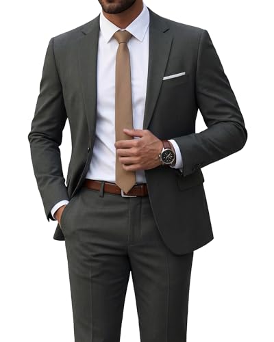 YND Men's 2 Piece Suit with Tie, One Button Slim Fit Solid Jacket and Pants Set, Suits for Men Prom...