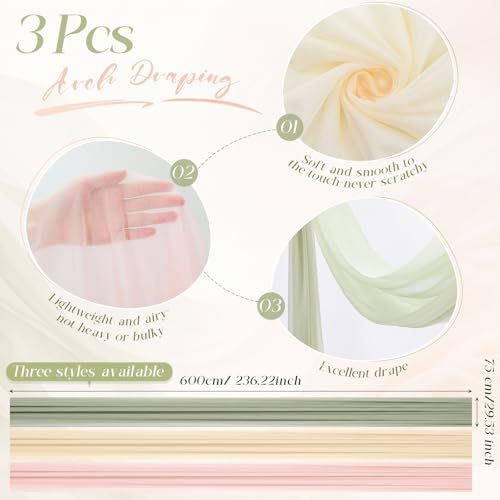 Image of Pink Sage Green Party Decoration Draping Fabric 3 Panels 2.46 x 20ft Sheer Chiffon Backdrop in Pink, Green, and Champagne for Wedding Arch Ceremony, Birthday, Bridal Shower Party Decoration