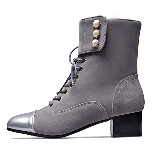 VOKLIN Women's Square Toe Lace Up Dressy Ankle Boots Block Low Heel Velvet Lined Western Dress Short Booties2