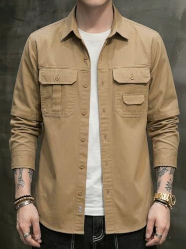 Image of SMOWKLY Men's Casual Shirt Jacket for Men | Lightweight 100% Cotton Overshirt | Full Sleeve Utility Shacket with Pockets | Stylish for Everyday Wear | Full Sleeve Button Down Shirt