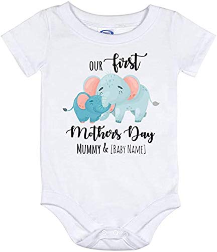 Personalized Custom Baby's Name Onesies Our First Mothers Day Print Cute Elephant Family Gifts for New Mom Baby Short Sleeve Onesies Bodysuits from 0 - 24 Month Gifts for New Born for Unisex Baby