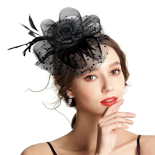 Takmor Fascinators for Women, Kentucky Derby Hats for Women Tea Party Tea Party Hat for Women for Church Wedding Cocktail Black - Thumbnail 2