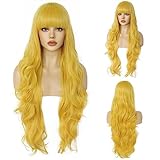 ANOGOL Hair Cap+86cm/34Inch Bright Yellow Wig Long Curly Wigs For Women Anime Cosplay, Long Lemon Yellow Wig With Bangs Golden Hair For Costume Party Wigs, Ginger Blonde Costume For Halloween Party