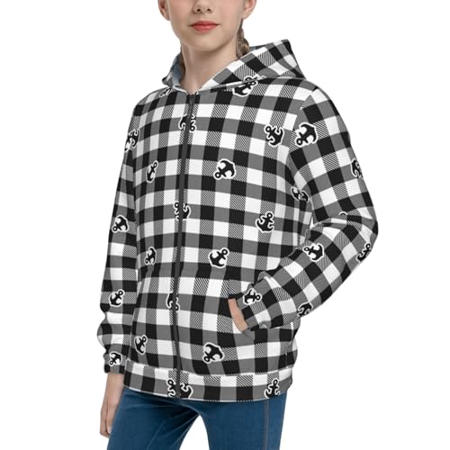 Anchor Black Tartan Plaid Kids Pullover Hoodies Boys Zip Up Sweatshirts Girls Athletic Clothes with Pocket