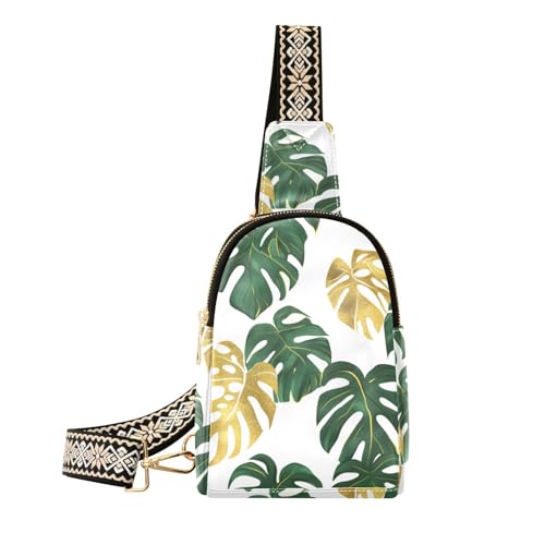 Mnsruu Bolso bandolera pequeño para mujer, diseño de hojas tropicales, color dorado y verde, de piel, bolsa de pecho, riñonera, Multicolor 84, Talla única