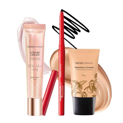 FACES CANADA Eyes & Shine Combo - Strobe Cream - Rose Gold (18 ml) + Magneteyes Kajal - Black (0.35 gm) + Tinted Moisturizer - Light 01 (18 gm) | Illuminating & Glowing Makeup Base | Lightly Tinted BB Cream | Waterproof & Smudgeproof