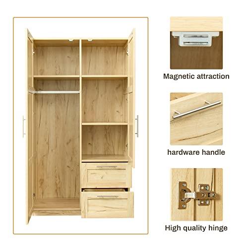 Wersmt Wood Color Two Doors Two Drawers Big Wardrobe Closet Bedroom Armoires, 39.4" W X 19.5" D X 70.87" H, Oak #TOP4