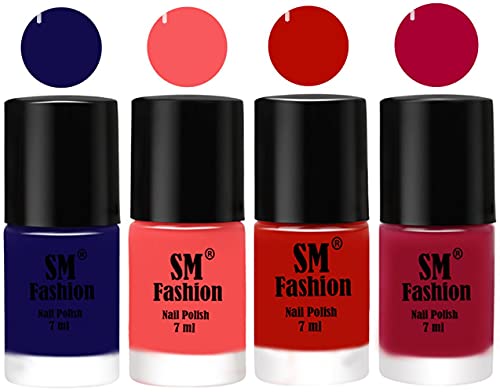 Image of Nail Polish Combo Set (Pack of 4) Quick Dry Gel Finish Nail Paint | Dark Blue,Light Pink,Red Orange,Dark Magenta | 7 ml Each