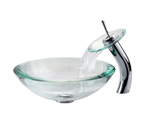 Kraus C-GV-150-19mm-10CH Clear 34mm edge Glass Vessel Sink and Waterfall Faucet Chrome