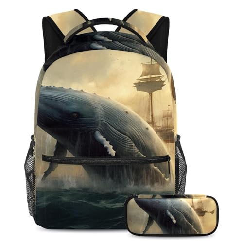 Cartables vintage bleu océan baleine lot de 2 pièces taille large avec trousse