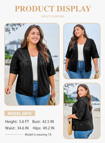 Image of Eytino Plus Size Cardigan for Women Half Sleeve Knitted Jacquard Summer Kimono Cover up Tops(1X-5X)