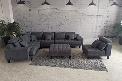 Stendmar 5-Piece L Shape/U Shape Living Room High Back with Headrest Reversible Contemporary Dark Grey Microfiber Fabric Sectional Couch Sofa Set S150D5A - Image 7