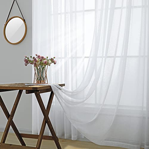 Koufall Sheer White Curtains 96 Inches Long For Sliding Glass Door 2 Panels Set Antique Brass Grommet Linen Texture Semi Privavy Farmhouse Curtains For Living Room Bedroom 52X96 Inch Length #TOP4
