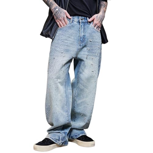 Baggy Jeans Men Star Studded Rhinestone Y2K Denim Pants Graphic Streetwear Casual Loose Fit Wide Leg Jeans Men