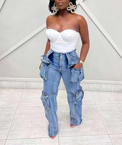 xxxiticat Women's Cargo Jeans Mid Waist Multi Flap Pockets Zipper Patchwork Straight Leg Casual Long Blue Denim Trousers4