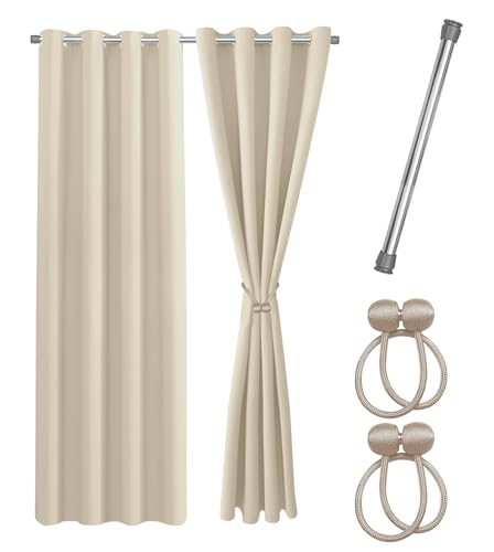 Cozyor Praktisches Set ohne Bohren: 2X Vorhang + 1x Klemmstange Silber 111-200 cm + 2X Raffhalter mit Magnet Blickdicht & verdunkelnd, als Raumteiler, Fenster & Tür Beige Thermovorhang 240x135cm