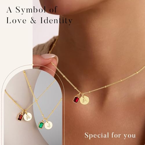 M MOOHAM Birthstone Initial Necklace for Women - Personalized Birthday Gift for Women Her Mom Grandma Wife Sister Birthstone Initial Pendant Necklaces Gold Plated Disc Letter A-Z Necklace2