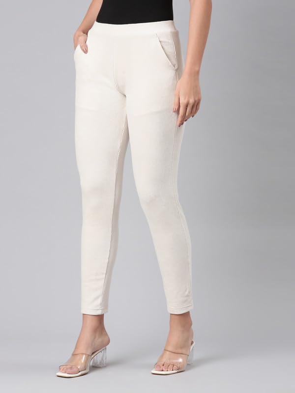 Image of GO COLORS Solid Corduroy Treggings for Women | Warmtech, Mid Rise, Side Pocket