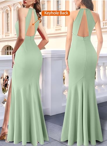 Image of VFSHOW Womens Formal Halter Keyhole Back Prom Gala Maxi Dress Evening Gown | Sexy Illusion Sweetheart Neck, High Slit, Wedding Guest, Applique, Twist Front Mermaid Dresses