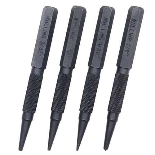WHLLING 4-Piece Nail Setter Punch and Center Punch Set, Made of High Quality Metal Material with Knurled Grip Includes 1/32